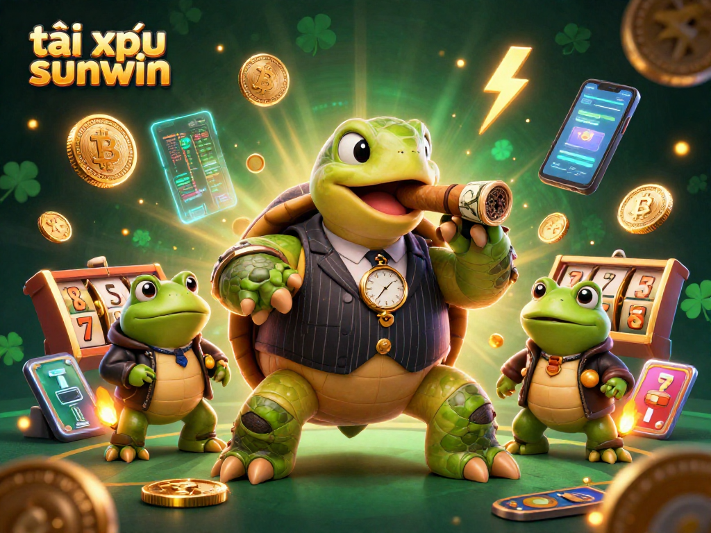 Experience thrilling tài xỉu sunwin gameplay with a lively, dynamic casino scene featuring a cartoon turtle and bullfrogs.