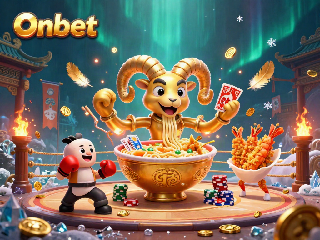 Join the action at Onbet with a vibrant 3D illustration of playful casino characters and game elements.