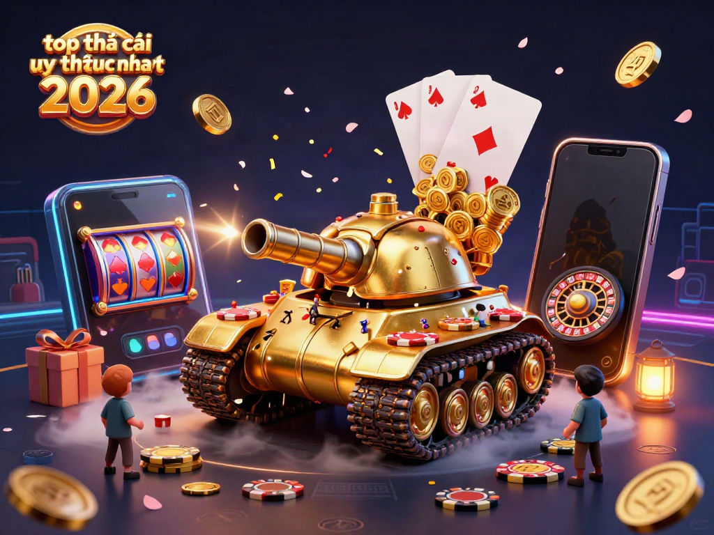 Experience top nhà cái uy tín hiện nay 2026 with a vibrant casino-themed 3D illustration.