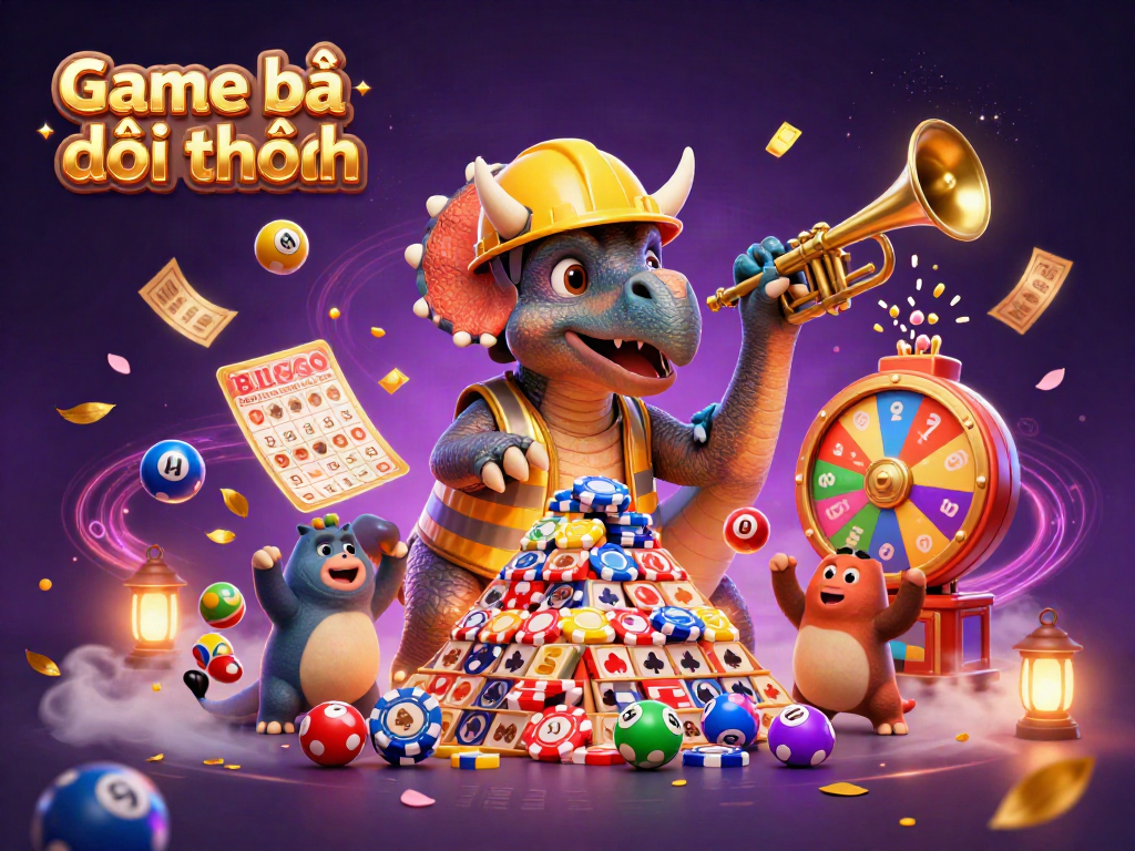Engage in Game bài đổi thưởng while celebrating with exciting interactive casino characters amidst vibrant gaming elements.