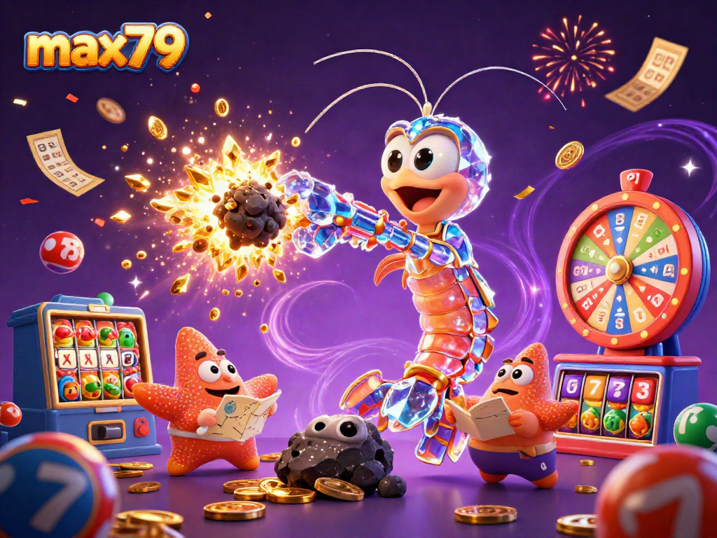 Engage with max79 through a vibrant cosmic gambling illustration featuring colorful lottery balls, shimmering slot symbols, and a galactic shrimp hero.