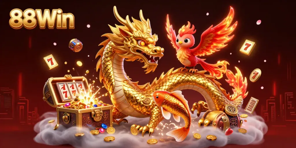 Engage with 88Win by exploring a vibrant 3D casino scene featuring a powerful dragon and a lucky koi fish amidst gold coins and slot reels.