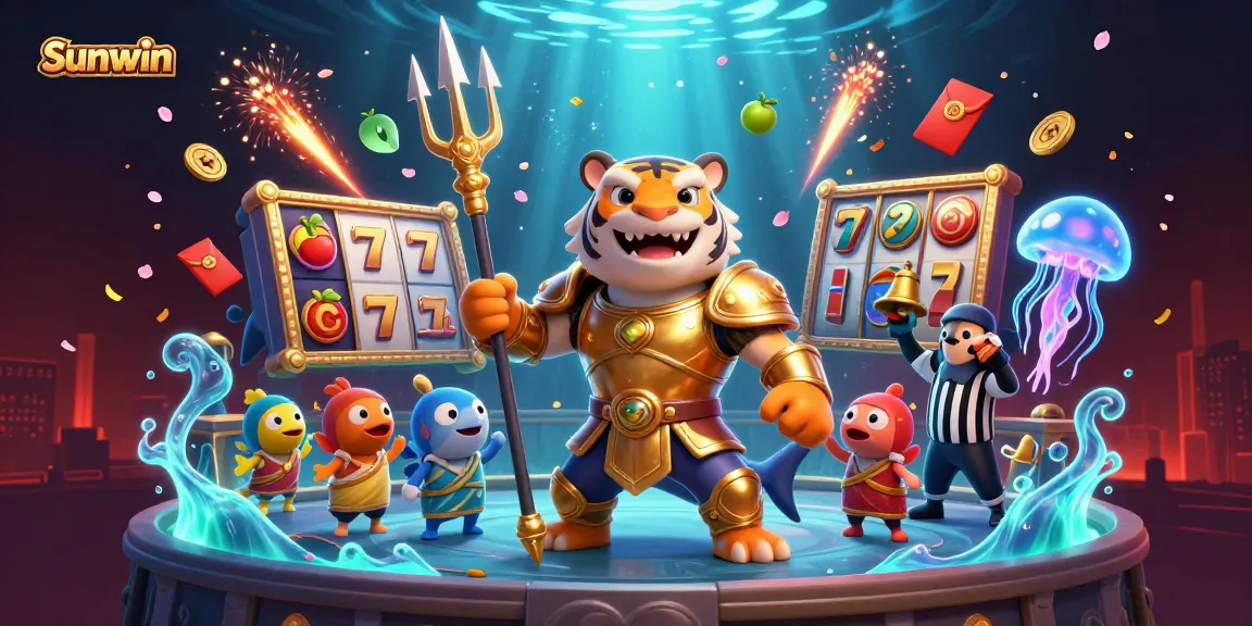 Experience Sunwin's dynamic casino environment with a fierce shark gladiator and vibrant slot reels.