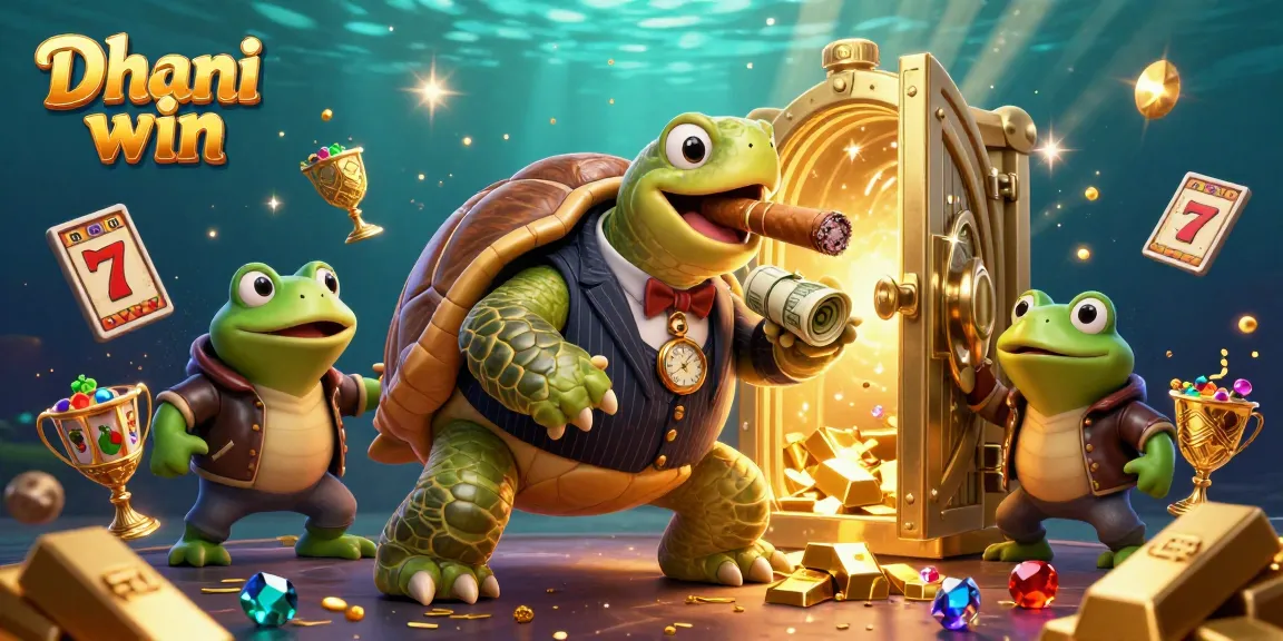 Dhani win showcases a lavish casino scene with a turtle in a mobster suit, slot elements gleaming.