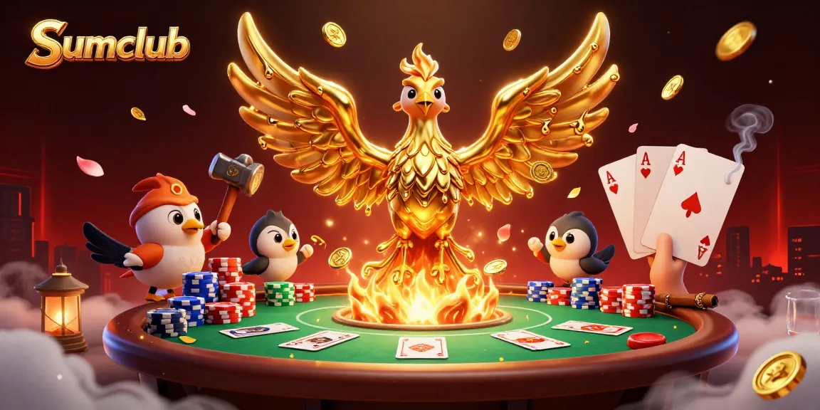 Experience thrilling gameplay at Sumclub with a majestic golden phoenix symbolizing fortune in a vibrant casino scene.