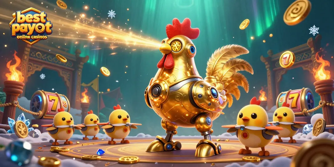 Experience the excitement of the best payout online casinos with a dazzling rooster robot and chick drones.