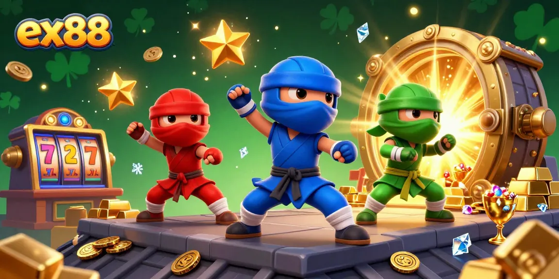 Experience the thrill of ex88 casino games with dynamic chameleon ninjas amidst rich treasures.