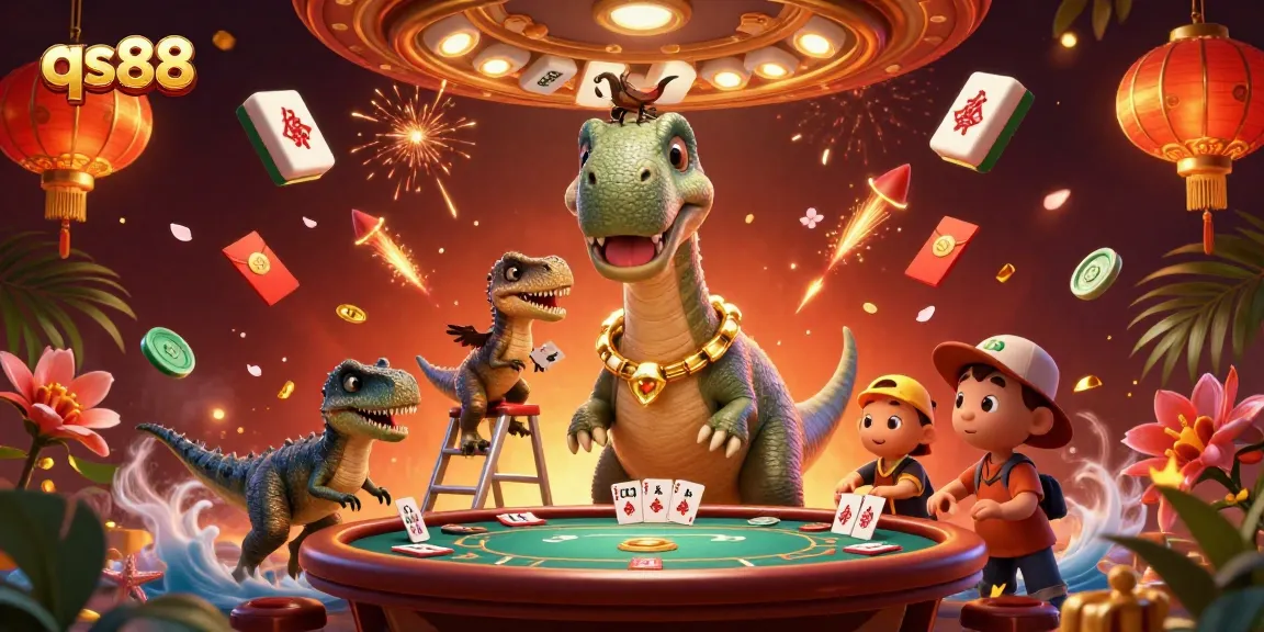 Win big at qs88 with a lively 3D casino scene featuring a giant brontosaurus and clever raptors.