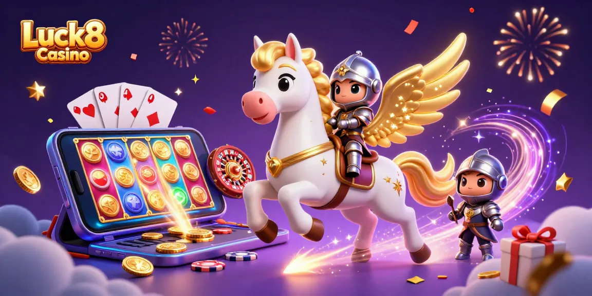 Experience thrilling wins at Luck8 Casino with a magical 3D scene showcasing a celestial horse and vibrant gaming elements.