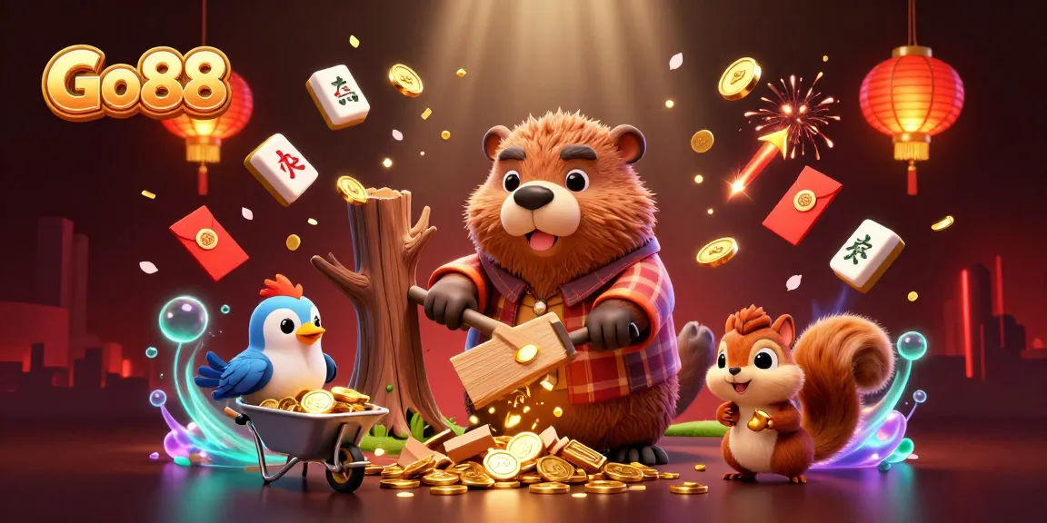 Experience the thrill of Go 88 with vibrant 3D characters and golden coins in an exciting casino scene.