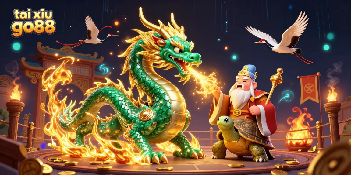 Tai xiu go88 illustration showcasing a powerful jade dragon and wise turtle in a vibrant gambling arena.