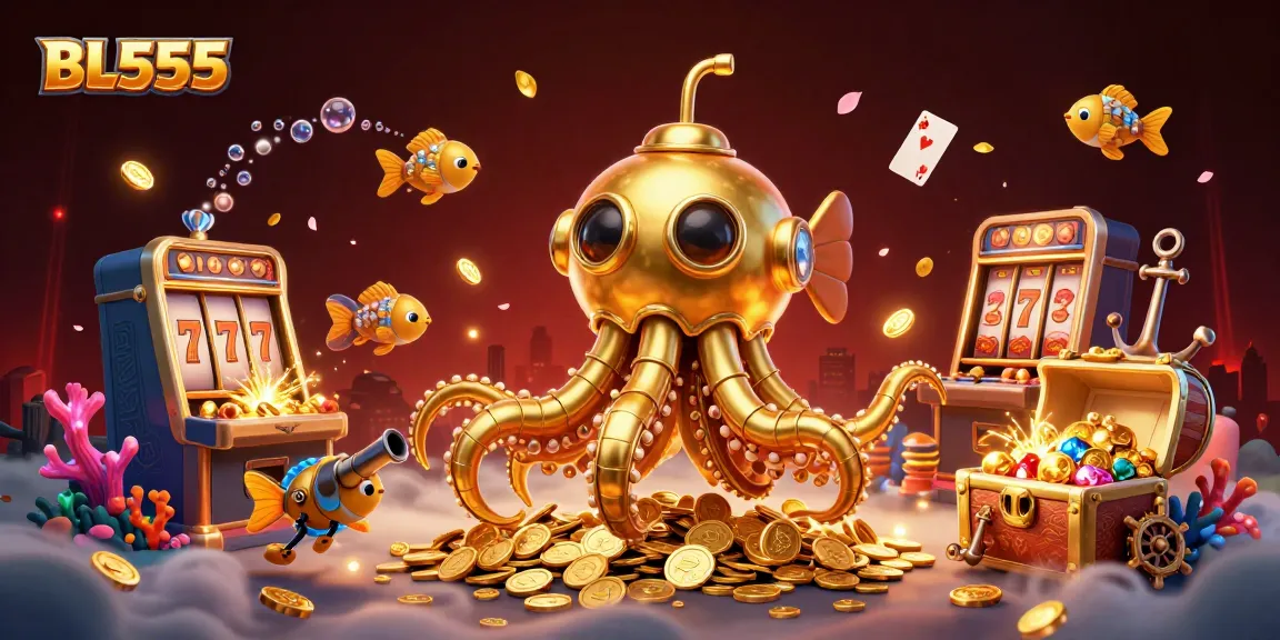 Engage with BL555's thrilling 3D underwater casino world featuring golden kraken and slot machines.