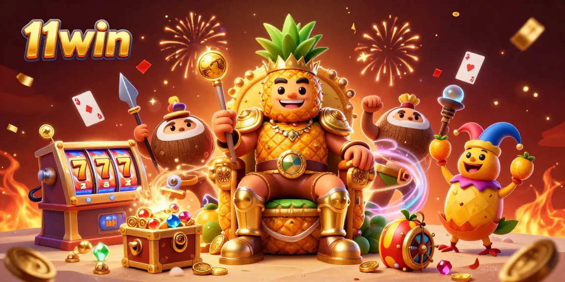 Engage with the vibrant world of 11win, featuring a golden pineapple king and jackpot elements in a beach casino.