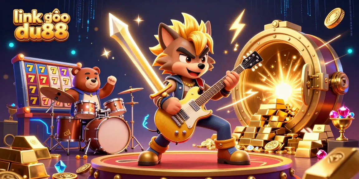 Experience the excitement of link vào du88 with a thrilling 3D casino illustration showcasing dynamic characters and vibrant treasures.