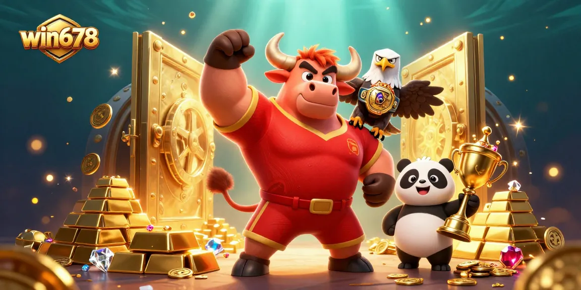 Experience the thrill of win678 with vibrant characters celebrating casino success amid treasures.