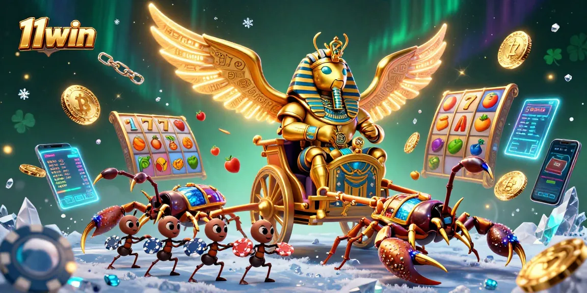 A thrilling 3D scene showcasing 11win's colossal golden scarab beetle character amidst vibrant slot game elements.