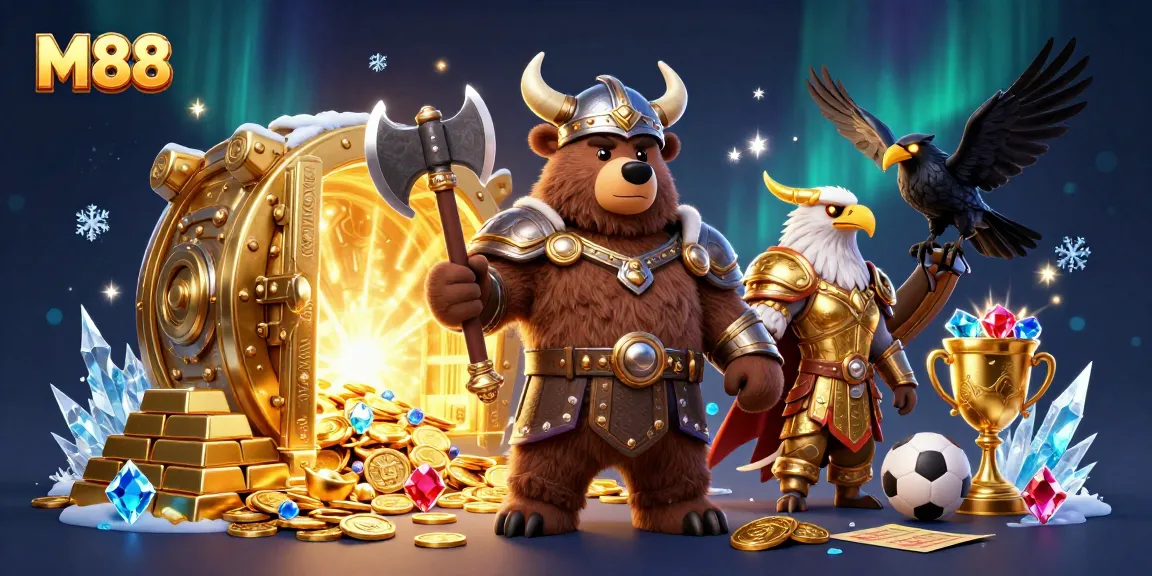Bet big with M88 in this dynamic illustration of Viking characters and sports betting elements.