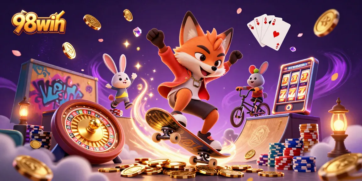 Experience thrilling action with 98win through an animated scene featuring vibrant casino themes.