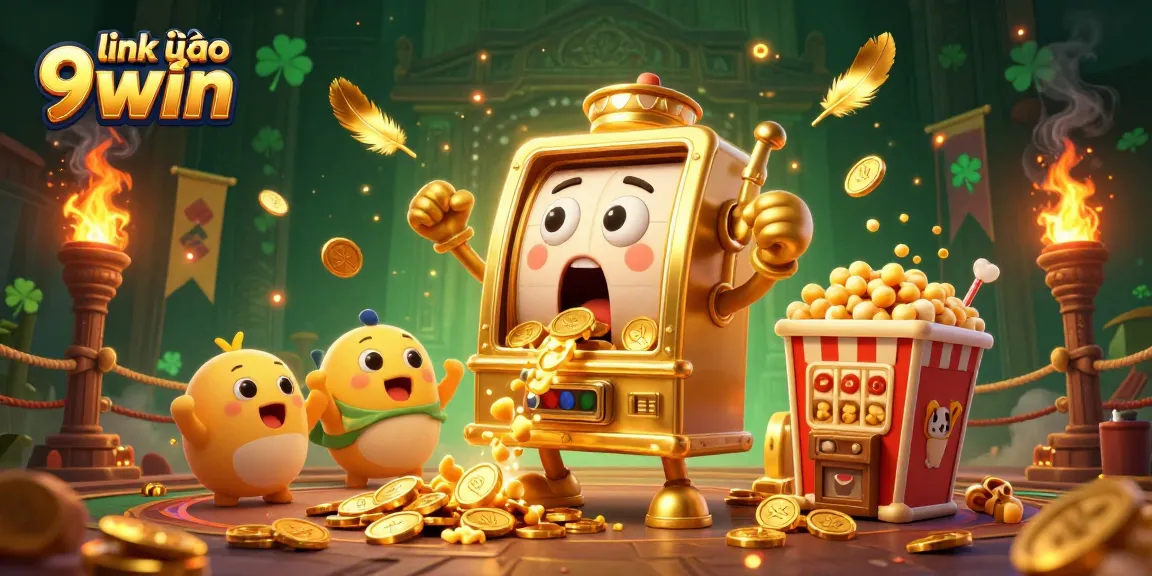 link vào 9win as a golden slot machine hits a jackpot, coins and excitement all around