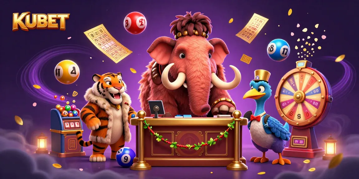 KUBET offers a dynamic gaming scene featuring a woolly mammoth bouncer, sophisticated VIP guests, and exciting lottery elements.