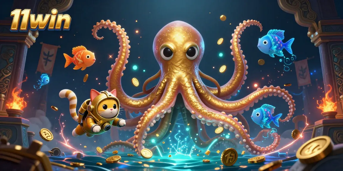 Experience the thrill of 11win with a vibrant 3D casino adventure featuring a kraken and diving cat.