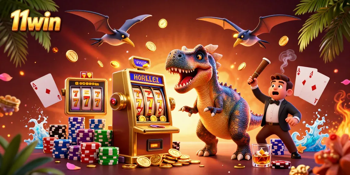 11win slot machine scene with dinosaurs creating a jackpot frenzy of coins and excitement