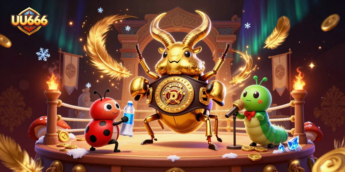 UU666 showcases an epic boxing match between a golden stag beetle and supporting characters amidst a vibrant casino atmosphere.
