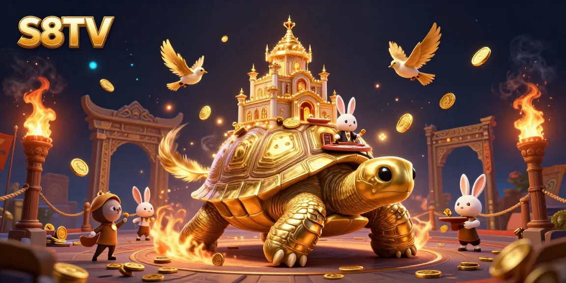 Experience S8TV with a golden tortoise carrying a casino palace and a rabbit dealer amidst flying coins.