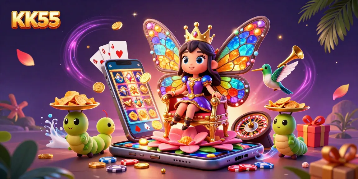 Experience the vibrant universe of KK55 with 3D characters and casino elements showcasing exhilarating gaming.