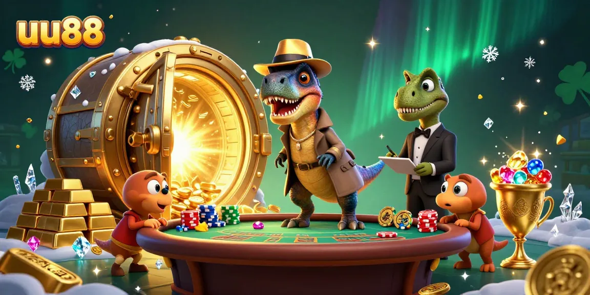 uu88 velociraptor card counter sneaks at a blackjack table, stealing chips in a vibrant casino scene