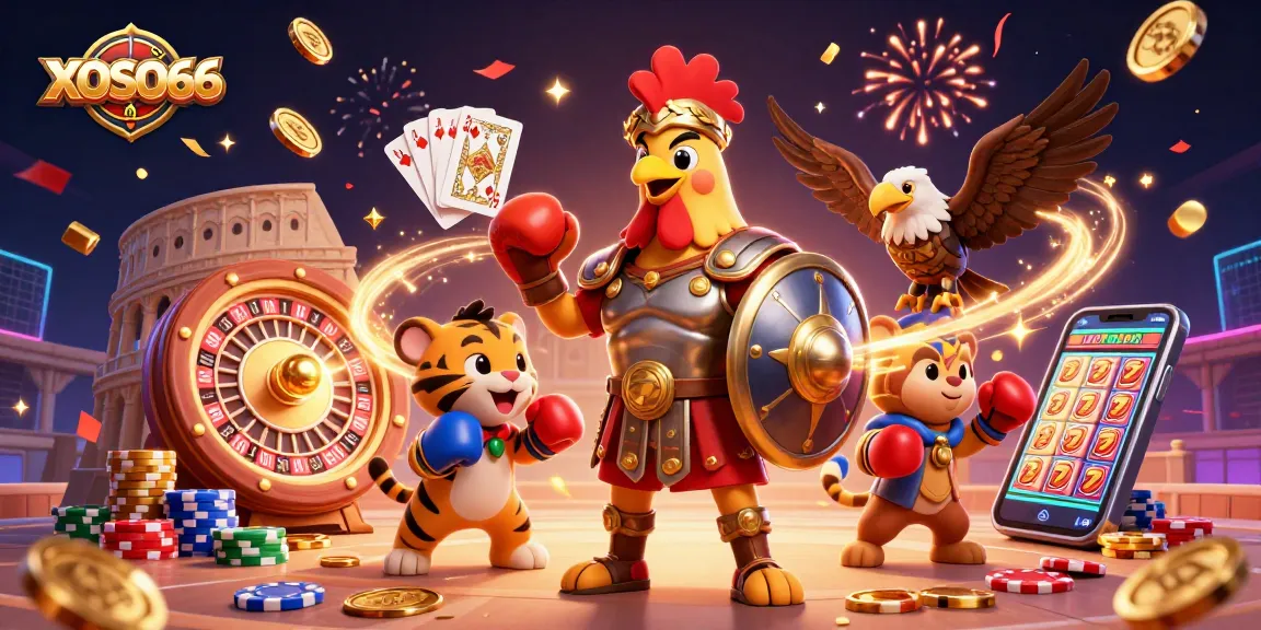 XOSO66 brings excitement to life with a 3D gladiator rooster, gold coins, and a dynamic gaming scene.