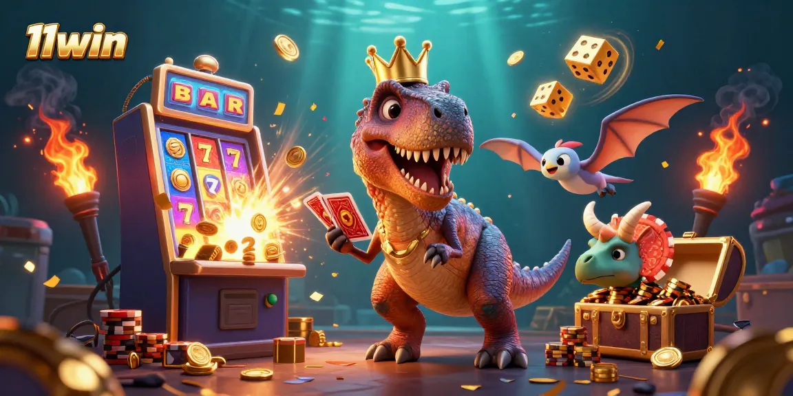 Experience the fun at 11win with a lively scene featuring a T-Rex and more playing cards and slots.