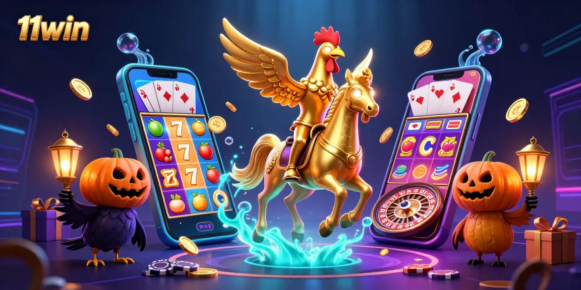Engage with 11win's vibrant casino adventure featuring golden rooster characters and dynamic slot games.