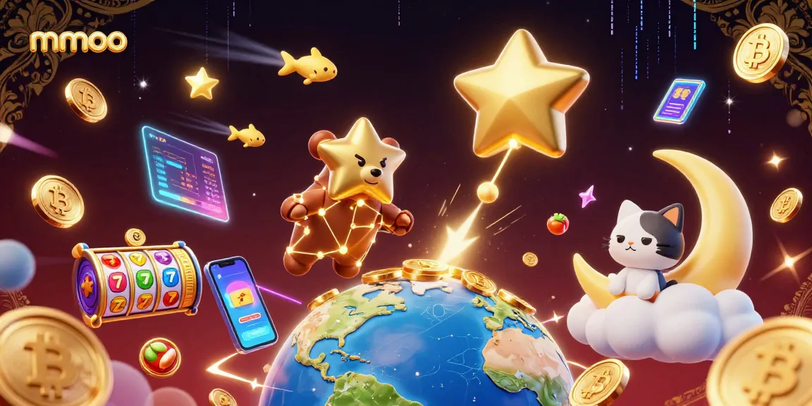 Experience the excitement of mmoo with a vibrant 3D casino scene featuring stars, coins, and vibrant elements.