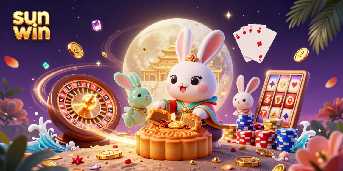 Experience the thrill of sun win with a playful moon rabbit and poker chips on a celestial backdrop.