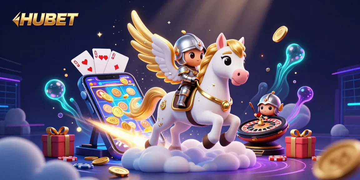 HUBET features a whimsical scene with a celestial horse and knight engaged in exciting casino gameplay elements.