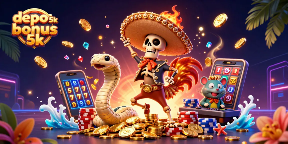 Celebrate winnings with depo 5k bonus 5k in this colorful 3D casino illustration featuring exciting game elements.