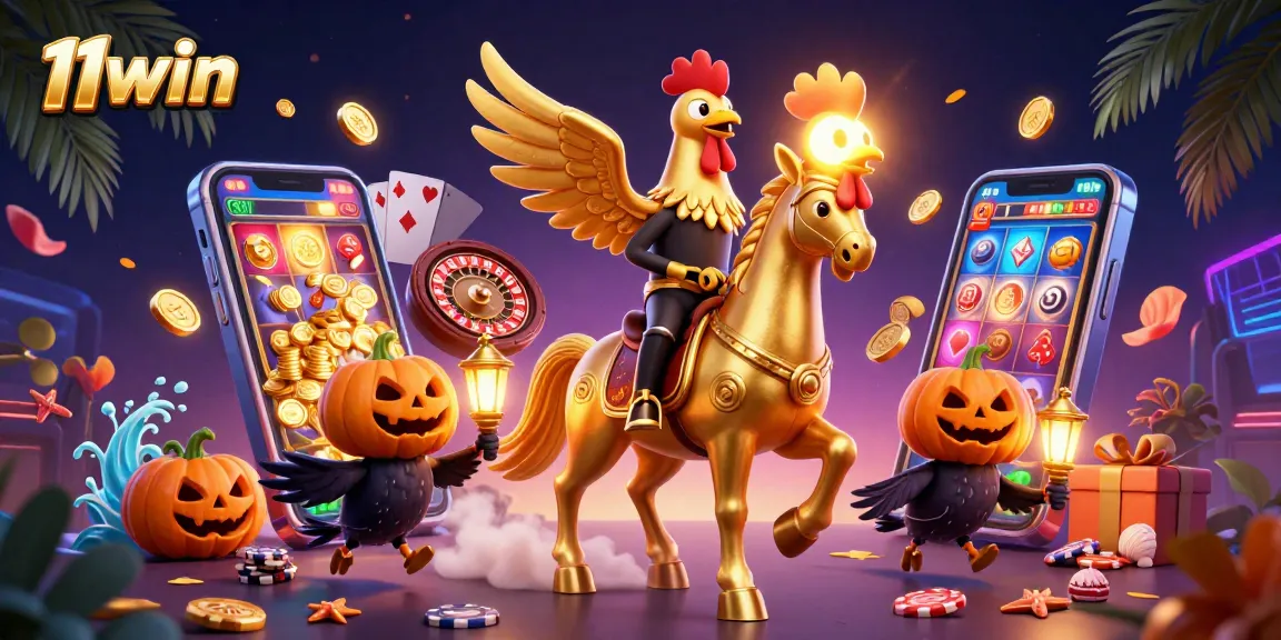 Experience 11win's vibrant casino world with a golden rooster and festive elements.