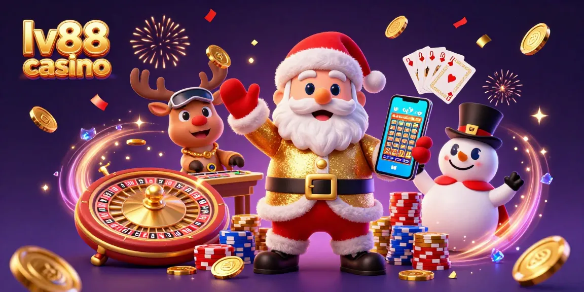 Experience winning at lv88 casino with festive characters amid jackpot slots and golden coins.