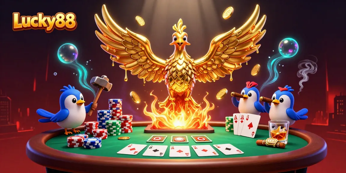 Experience Lucky88's thrilling poker atmosphere with molten phoenix and bright poker chips.
