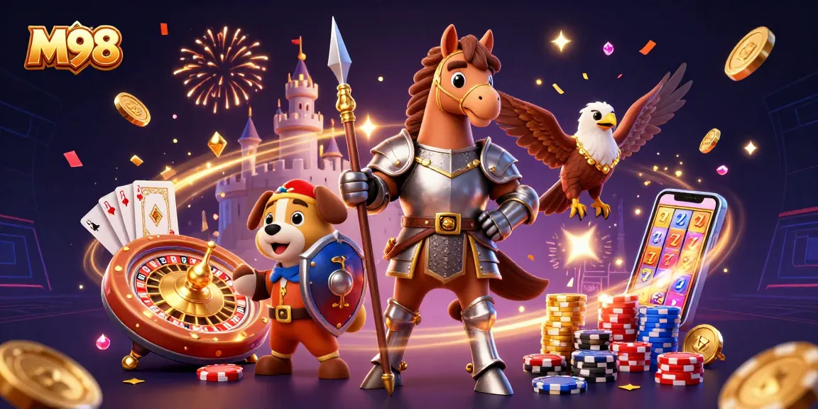 Experience thrilling gaming at M98 with a vibrant scene showcasing casino elements and characters.