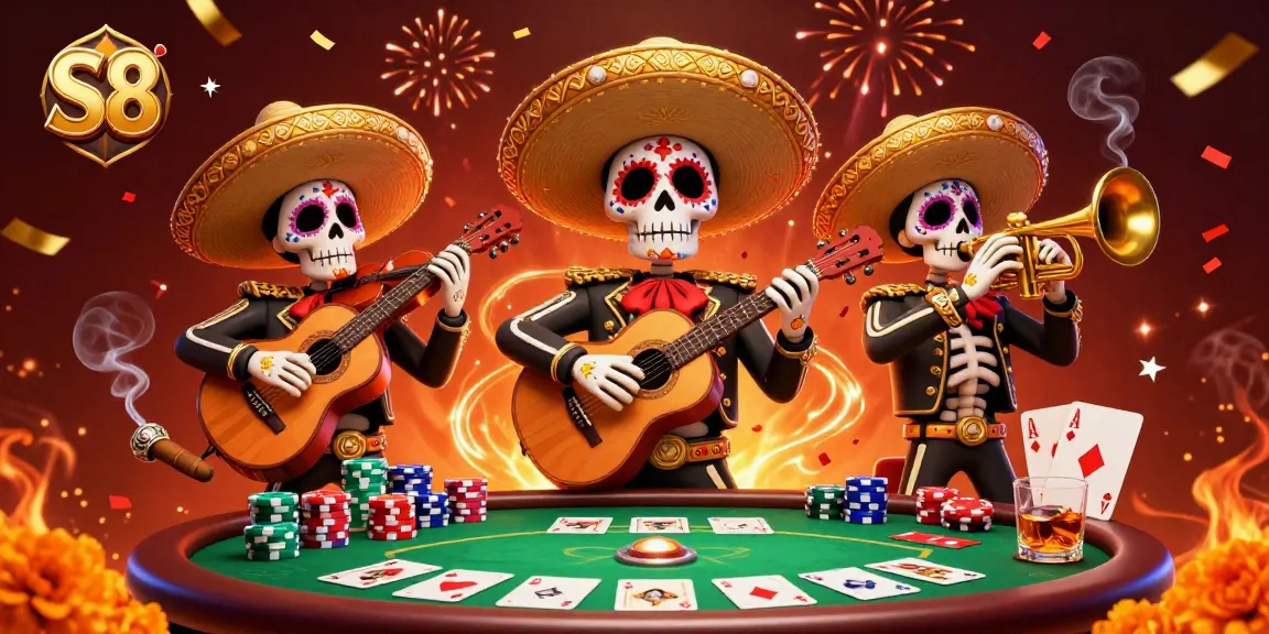 S8 players enjoying a vibrant poker scene with colorful mariachi skeletons, chips, and cards.