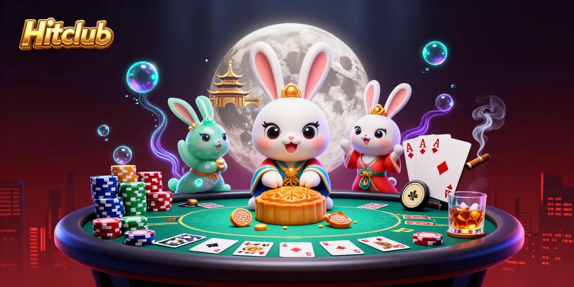 Experience thrilling gameplay at Hitclub, featuring a vibrant 3D casino scene with poker chips and moon rabbits.