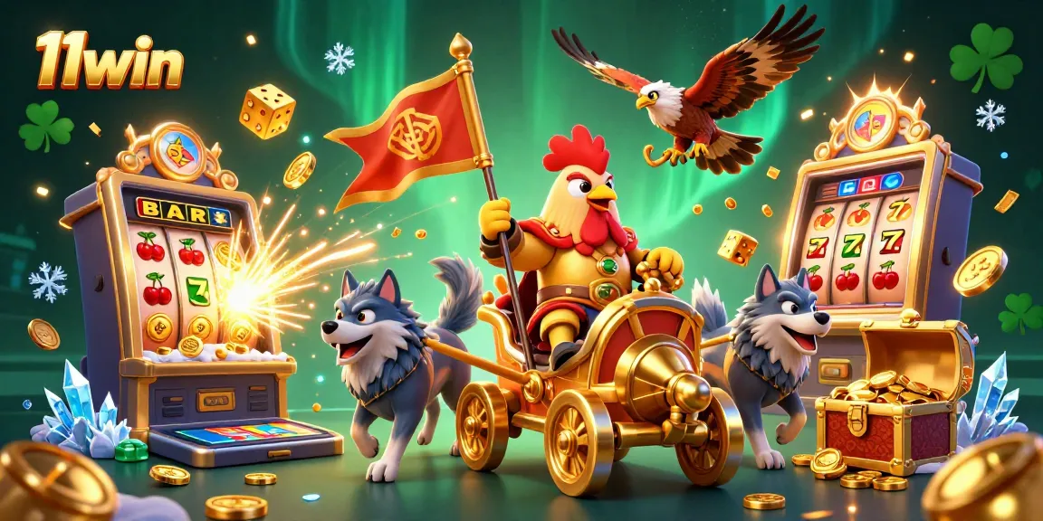 Experience the thrill of 11win with a rooster warlord in a festive casino scene bursting with excitement and rewards.