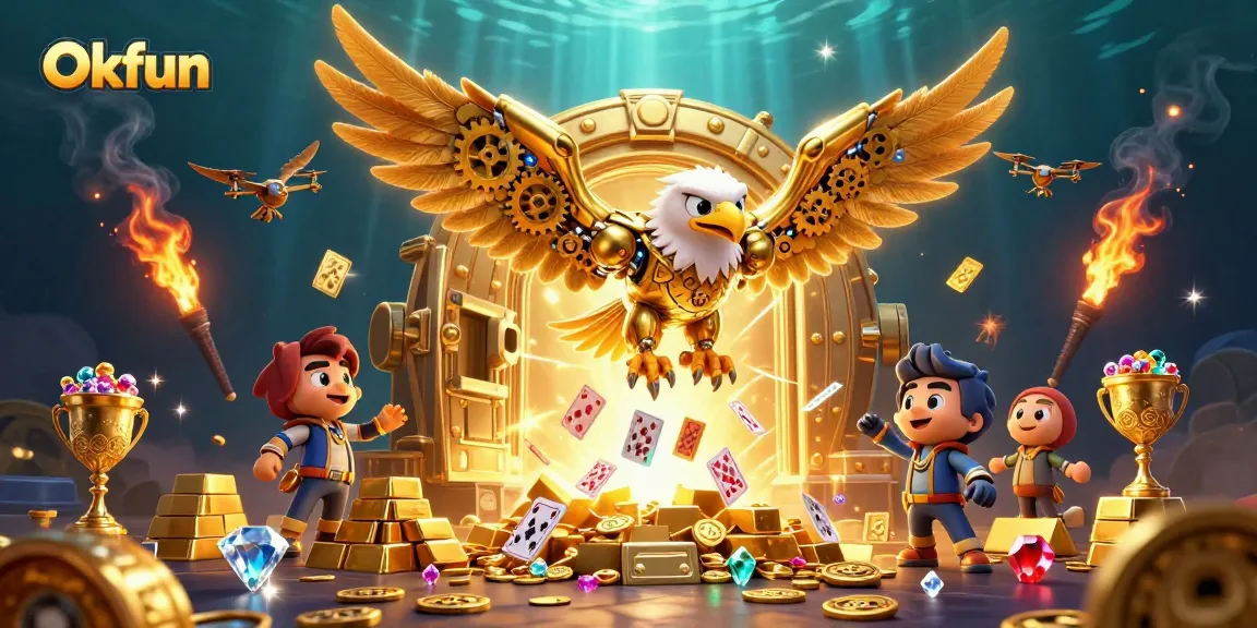 Okfun offers thrilling gameplay experiences with a captivating golden eagle amidst dazzling treasure.