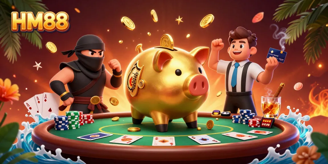 Play exciting games at HM88 with a vibrant casino atmosphere featuring a golden piggy bank sumo wrestler.