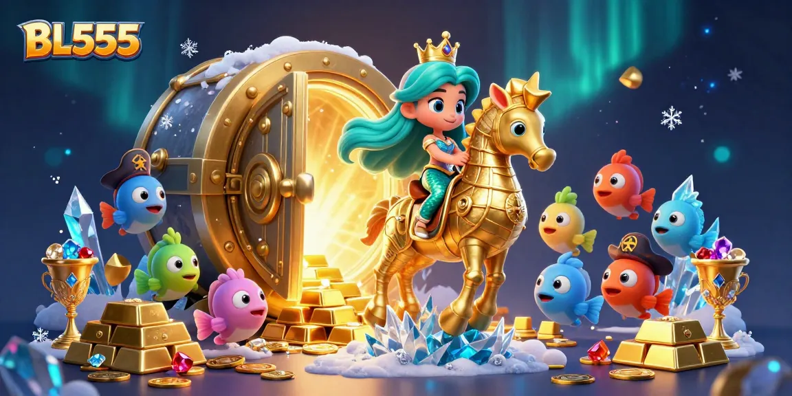 Experience thrilling gaming adventures with BL555 in a magical 3D scene featuring vibrant characters and treasure.