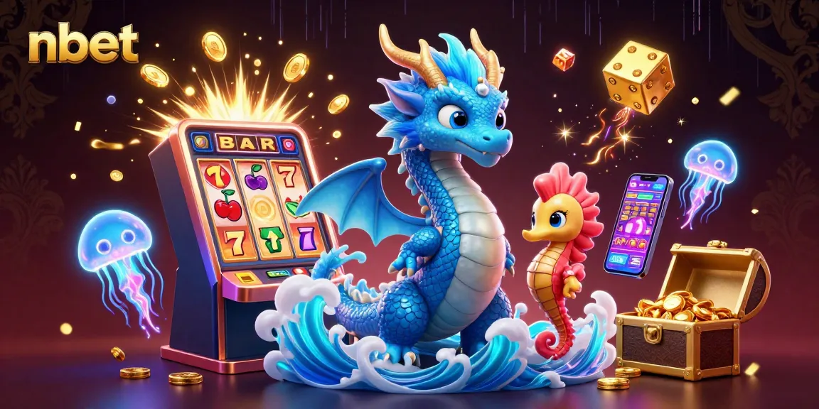 Experience thrilling wins with nbet at an exciting casino scene featuring a majestic dragon, slot machine, and vibrant jellyfish.